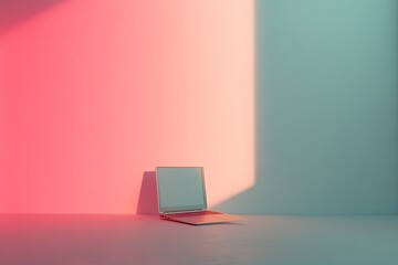 Laptop in colorful interior space, minimalist design for technology and productivity. Modern workspace