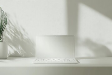 Minimalist workspace with laptop, plant and natural light for creative work and productivity
