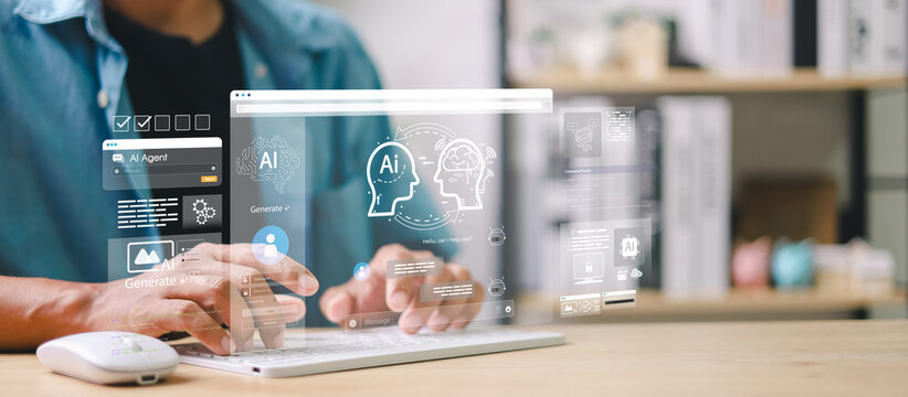 Person using AI chat interface with virtual screen displaying chatbot, content generator, user login, and data tools. Concept of artificial intelligence and productivity.