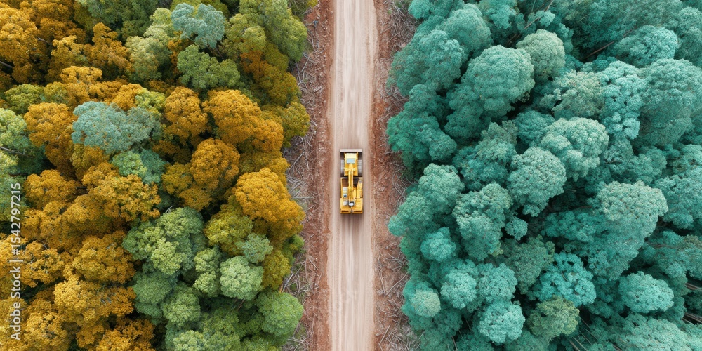 Aufkleber overhead view of active logging in tropical forest with vibrant blue-green trees highlighting biodiv