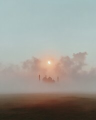 Obraz premium Serene Islamic Architectural Scene with Crescent Moon and Mosque Silhouette in Soft Dawn Haze for Ramadan Marketing and Spiritual Festival Design