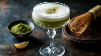 Non-alcoholic matcha mocktail in a crystal goblet, topped with a frothy layer and matcha dust garnish, blending sparkling water for a sophisticated green drink. Image made using Generative AI
