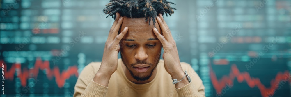 Aufkleber Stressed Stock Trader Reacting to Market Collapse with Red Declining Graphs on Screen Showing Financial Risk and Crisis Management in Modern Business Environment