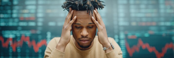 Stressed Stock Trader Reacting to Market Collapse with Red Declining Graphs on Screen Showing Financial Risk and Crisis Management in Modern Business Environment