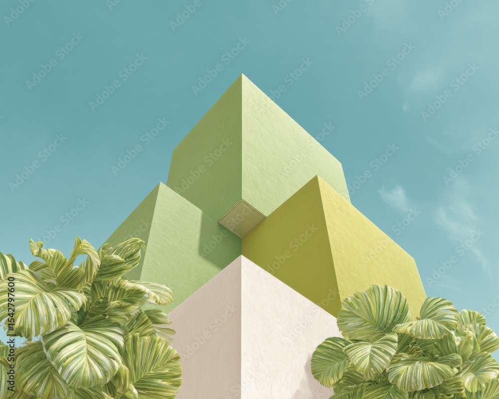 Poster Minimalist geometric architecture with pastel colors and sharp edges under clear sky, showcasing modern urban design and sustainable building trends
