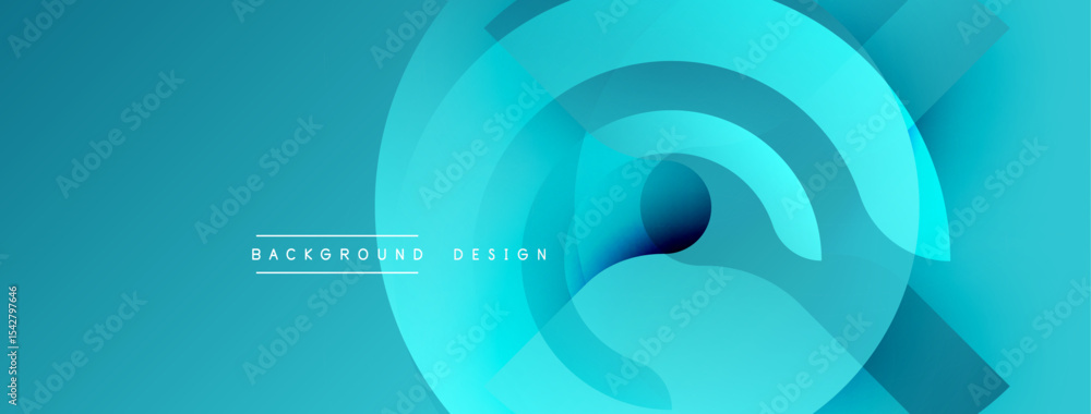 Poster Abstract circular layers create dynamic blue gradient background. Minimalist design features text elements, modern aesthetic.