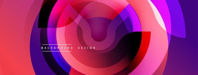 Abstract colorful layers create dynamic circular pattern. Gradient shades blend, forming modern background design. Vivid hues dominate composition.