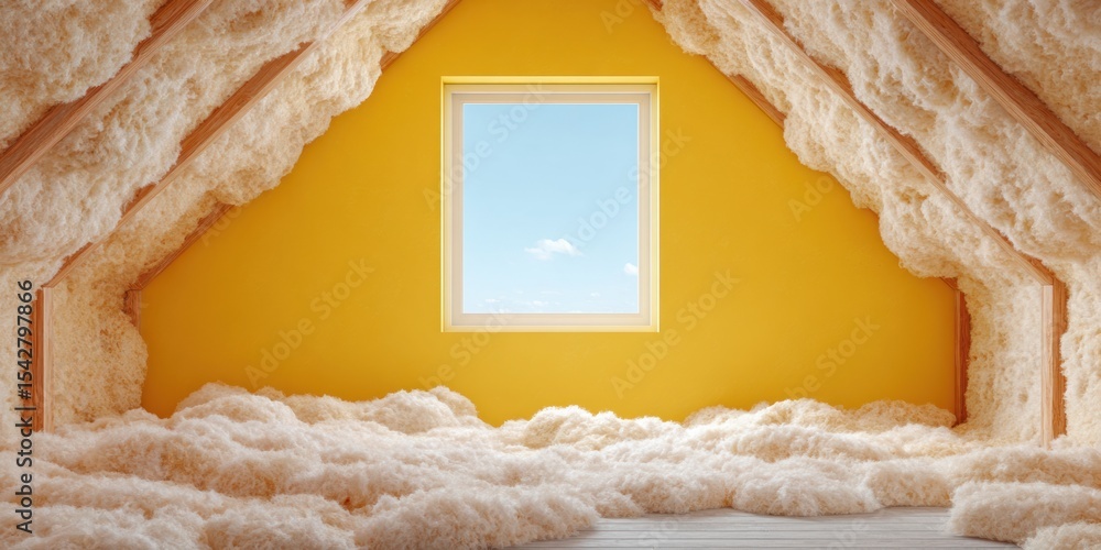Aufkleber sustainable wooden attic retrofit with visible insulation layers and skylight window highlighting ec