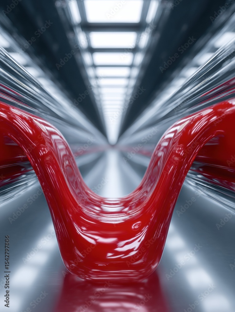 Poster futuristic red liquid flowing through high-tech industrial corridor with reflective metallic surface