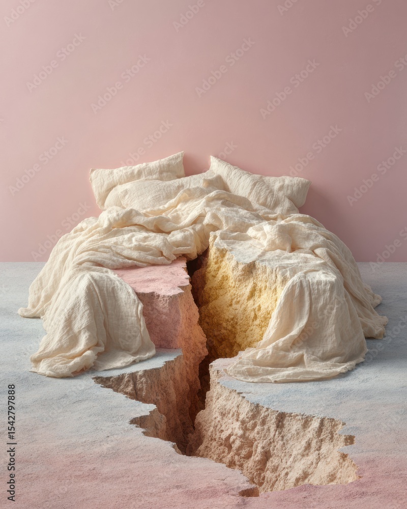 Aufkleber surreal aftershock ground fault with textured fabrics draped over tectonic plates split in pastel la