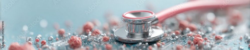 Poster cybersecurity medical device concept with stethoscope on circuit board featuring digital security ic