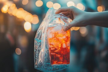 Summertime cooler moment, grabbing refreshing iced drink from full bag