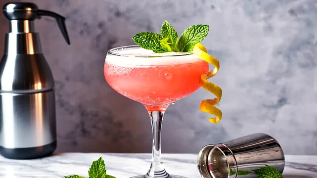 Refreshing cocktail garnished with mint and lemon twist on a marble countertop, bar tools nearby