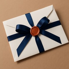 White Envelope with Navy Blue Ribbon and Copper Wax Seal 