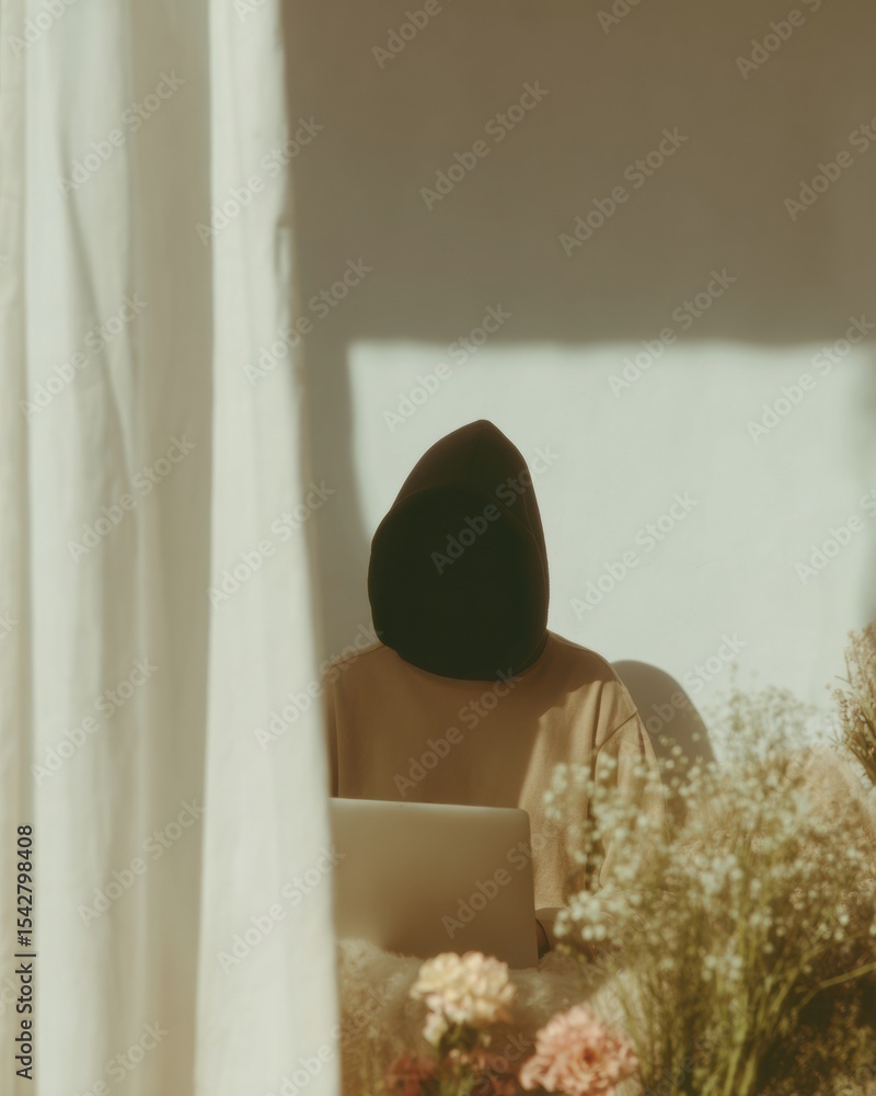 Poster minimalistic monochrome hooded figure with laptop symbolizing cybersecurity threats and malware prev