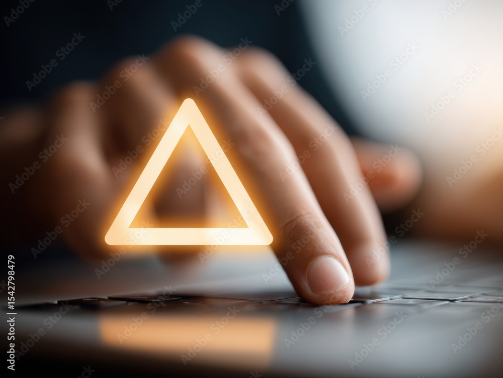 Poster cybersecurity threat alert with glowing triangle icon and hands interacting on laptop keyboard in ci
