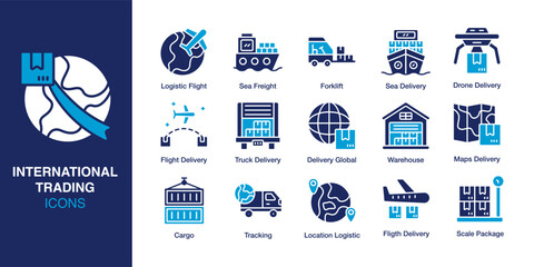 International Trading icon set. Containing Sea Delivery, Logistic Flight, Truck Delivery, Forklift, Warehouse, and Cargo. Solid vector icons collection. Vector illustration.