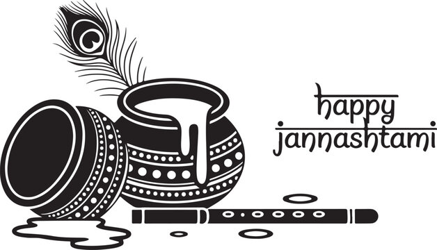 Happy Janmashtami decorative black icon with clay pot, flute and peacock feather symbolizing Lord Krishna’s festival