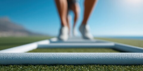 Athletic agility ladder on vibrant artificial turf with tropical sunlight, sharp focus on training equipment for performance enhancement and skill development