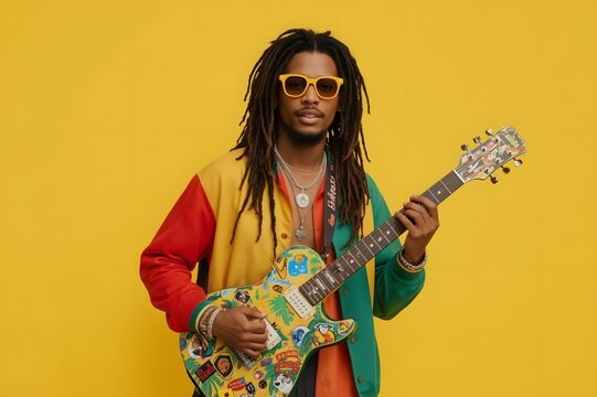Person with dreadlocks, yellow sunglasses, playing a colorful guitar against a yellow background