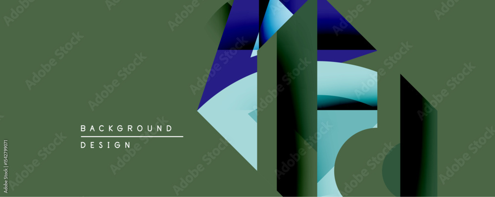 Poster abstract geometric design features overlapping shapes. dark blues, greens, light turquoise create de