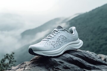 Running shoe on mountain rock with scenic background, promoting active lifestyle and outdoor fitness
