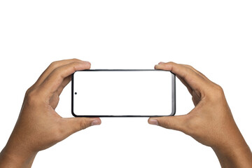 male hand holding smartphone horizontally with blank screen smartphone. isolated on white background. copy space. transparent png