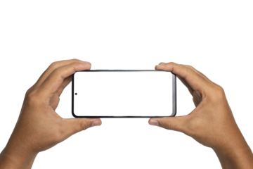 male hand holding smartphone horizontally with blank screen smartphone. isolated on white background. copy space. transparent png