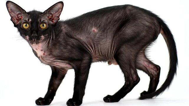 Unique Lykoi werewolf cat portrait with intense gaze. Striking black Lykoi feline with sparse fur. Close-up of unusual werewolf cat features.