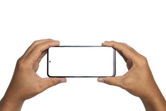 male hand holding smartphone horizontally with blank screen smartphone. isolated on white background. copy space. transparent png