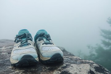 Hiking shoes rest on a misty mountain peak after a long trek adventure outdoors