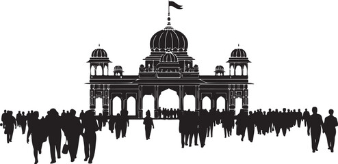 Large gathering silhouette of people in front of grand temple for religious festival, pilgrimage, and worship occasion themes