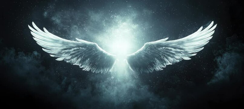 Angel wing on dark space with white light. Religion faith worship spirituality concept. Generative video AI technology.