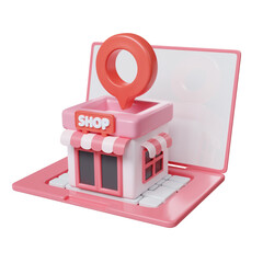 Local shop navigation design with a playful storefront and map marker. 3D render illustration