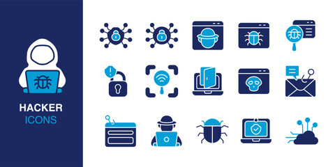 Hacker icon set. Containing hacker, bug, phishing, lock, wifi breach, and security check and more. Solid vector icons collection. Vector illustration.