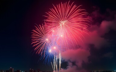 Vibrant red and blue fireworks exploding in night sky. High quality