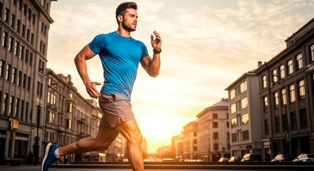 Man in blue shirt and gray shorts running on city street at sunset with buildings in the background