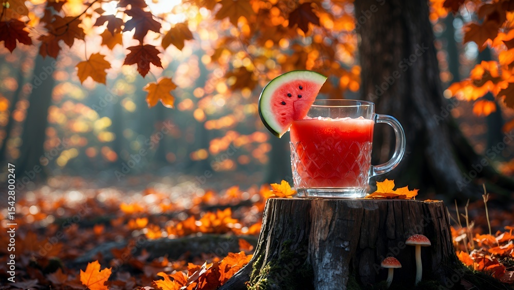 Poster watermelon drink with slice stands on tree stump in forest