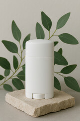 White Deodorant Stick Mockup on Light Beige Stone with Green Leaves