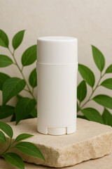 White Deodorant Stick Mockup on Light Beige Stone with Green Leaves