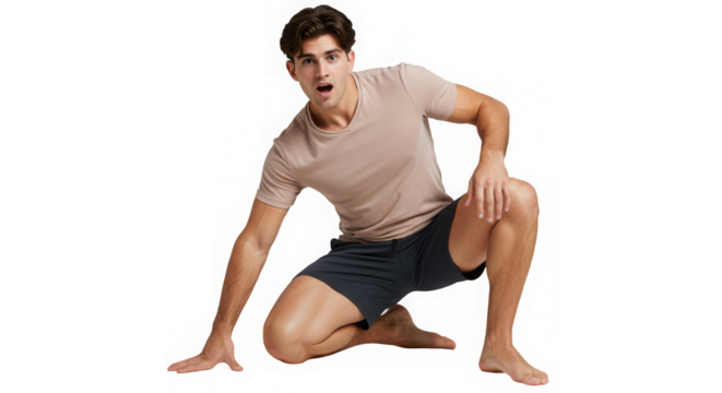 A man is crouching with an open mouth, illuminated with transparent, standard lighting effects. - Powered by Adobe