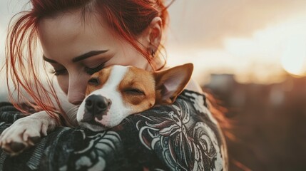 Tattooed woman hugging her dog