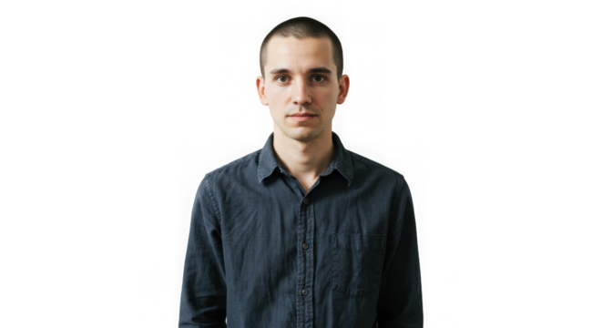 A serious young man stands directly looking at the viewer against transparency with even lighting.