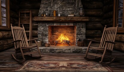 Cozy log cabin interior with fireplace and rocking chairs (3)