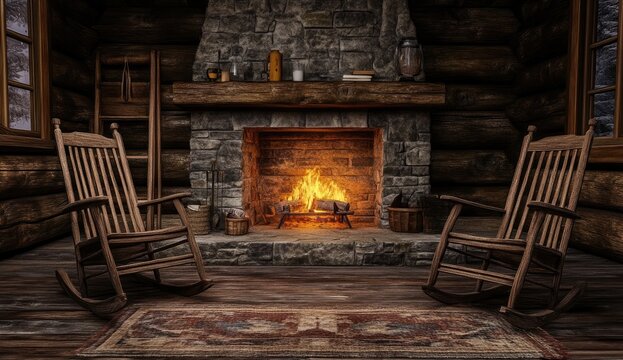 Cozy log cabin interior with fireplace and rocking chairs (3)