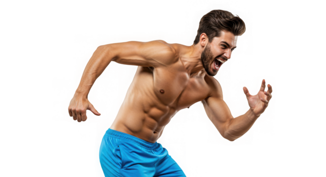 Athletic man sprints forward aggressively, isolated on black, expressing determination and power.