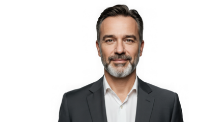 Focused professional portrait of a mature man wearing dark jacket on transparent backdrop