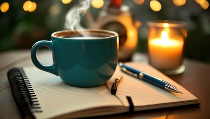 Teal mug of steaming coffee beside a notepad and pen, warm candlelight