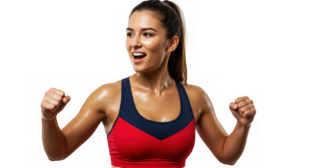 Focused woman sprints forward with determination, set against a bright, neutral outdoor background.