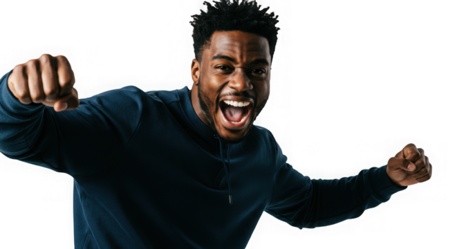 Energetic young man with a bright smile celebrates success and joy with raised fists triumphantly. - Powered by Adobe